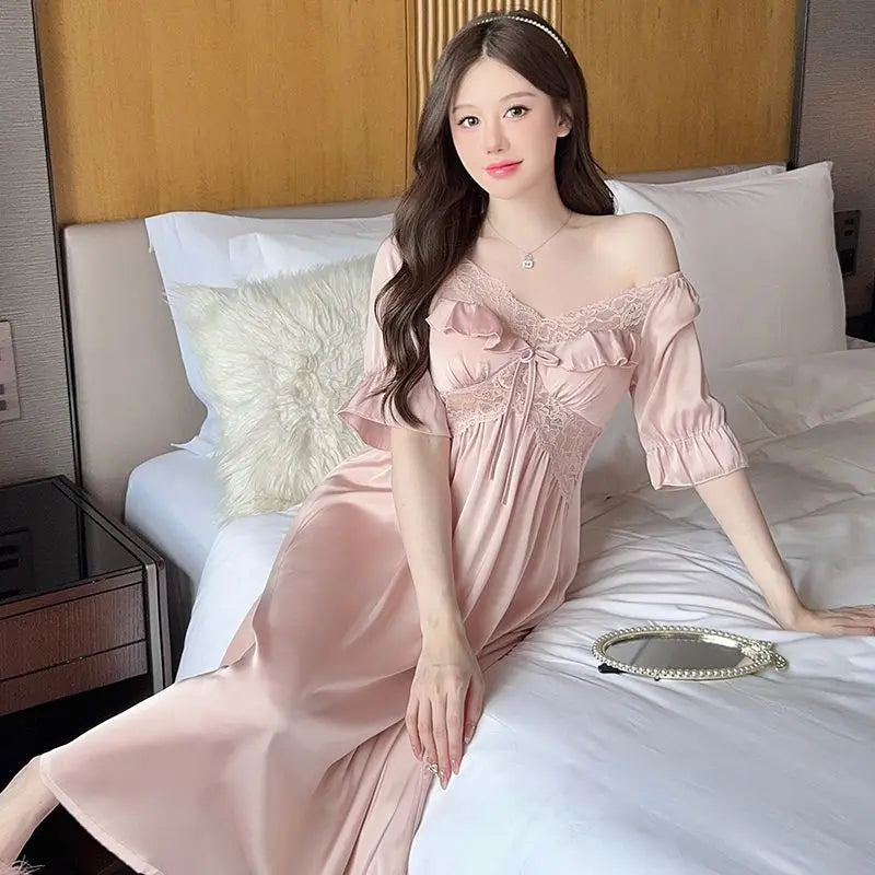 2025 Summer Short Sleeve Sexy Lace V-neck Silk Satin Long Nightgowns For Women Cute Sleepwear Night Dress Nightdress Home Nighty