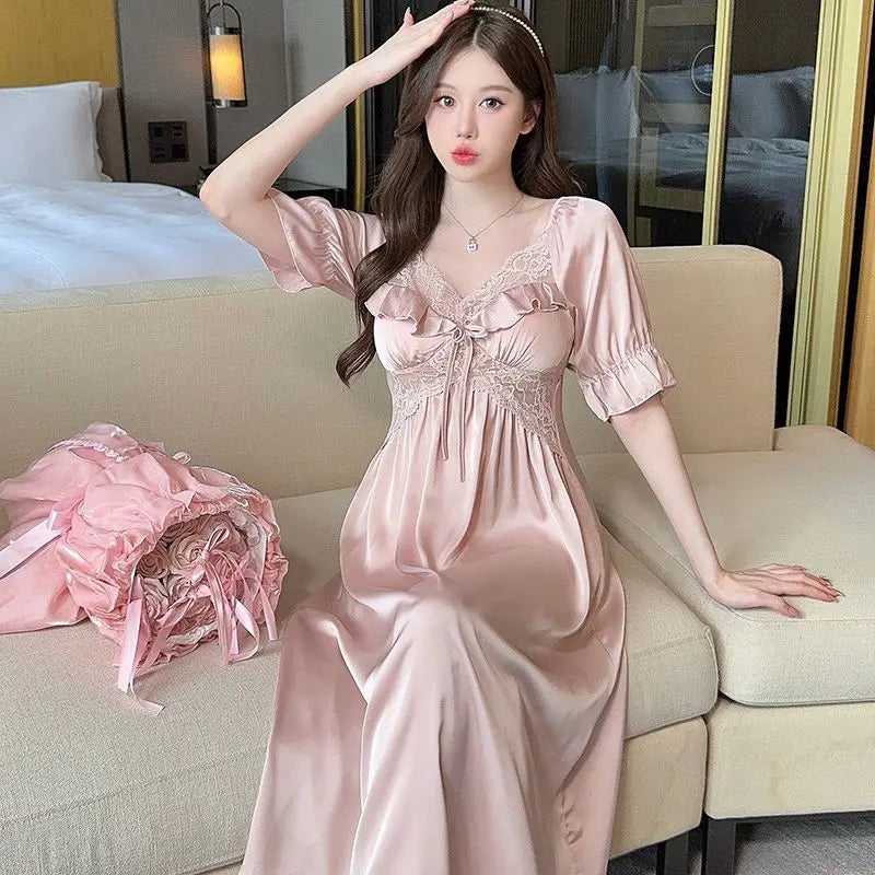 2025 Summer Short Sleeve Sexy Lace V-neck Silk Satin Long Nightgowns For Women Cute Sleepwear Night Dress Nightdress Home Nighty