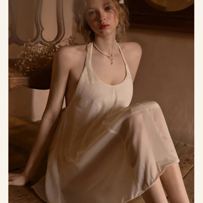French Nightdress Swinging Collar Halter Neck Backless Sling Nightgowns Summer Ice Silk Pajamas Women's High Quality Sleep Dress